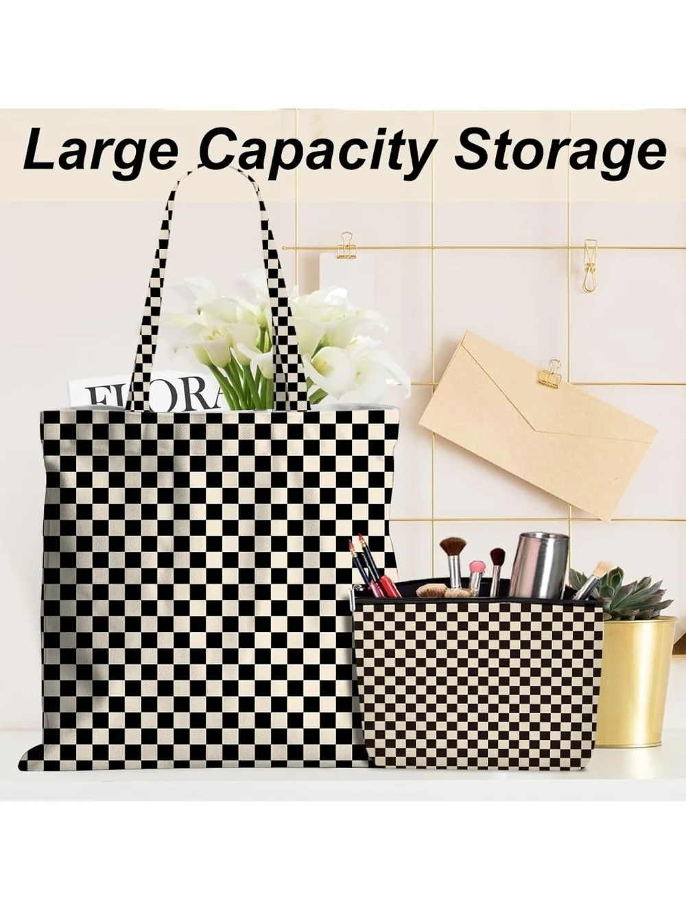 Checkerboard Tote and Storage Bin Set - Black and Cream